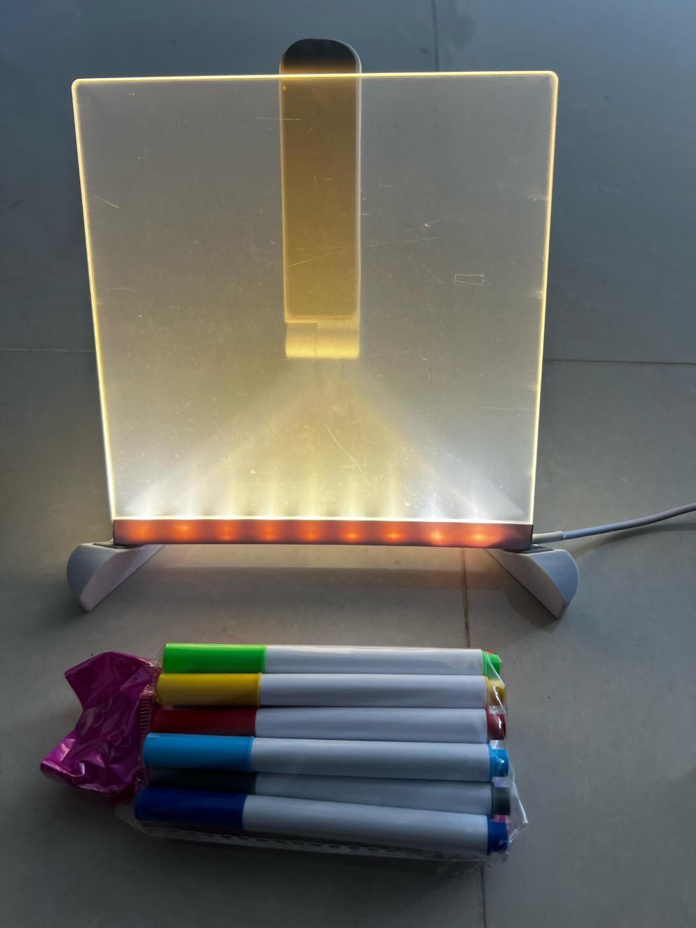 3D LED Light Glass Acrylic Writing pad with colorful pens for creative messages and soft night light.