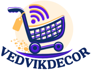 Logo of VedvikDecor featuring a shopping cart and wireless signal, symbolizing online shopping.