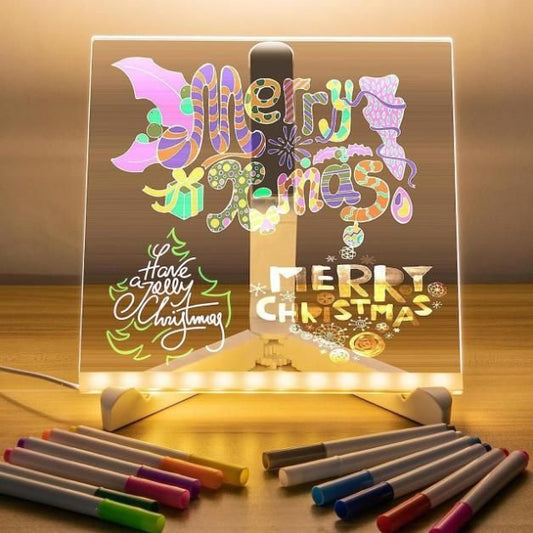 3D LED Light Glass Acrylic Writing pad displaying festive greetings with colored pens, perfect for holiday decor.