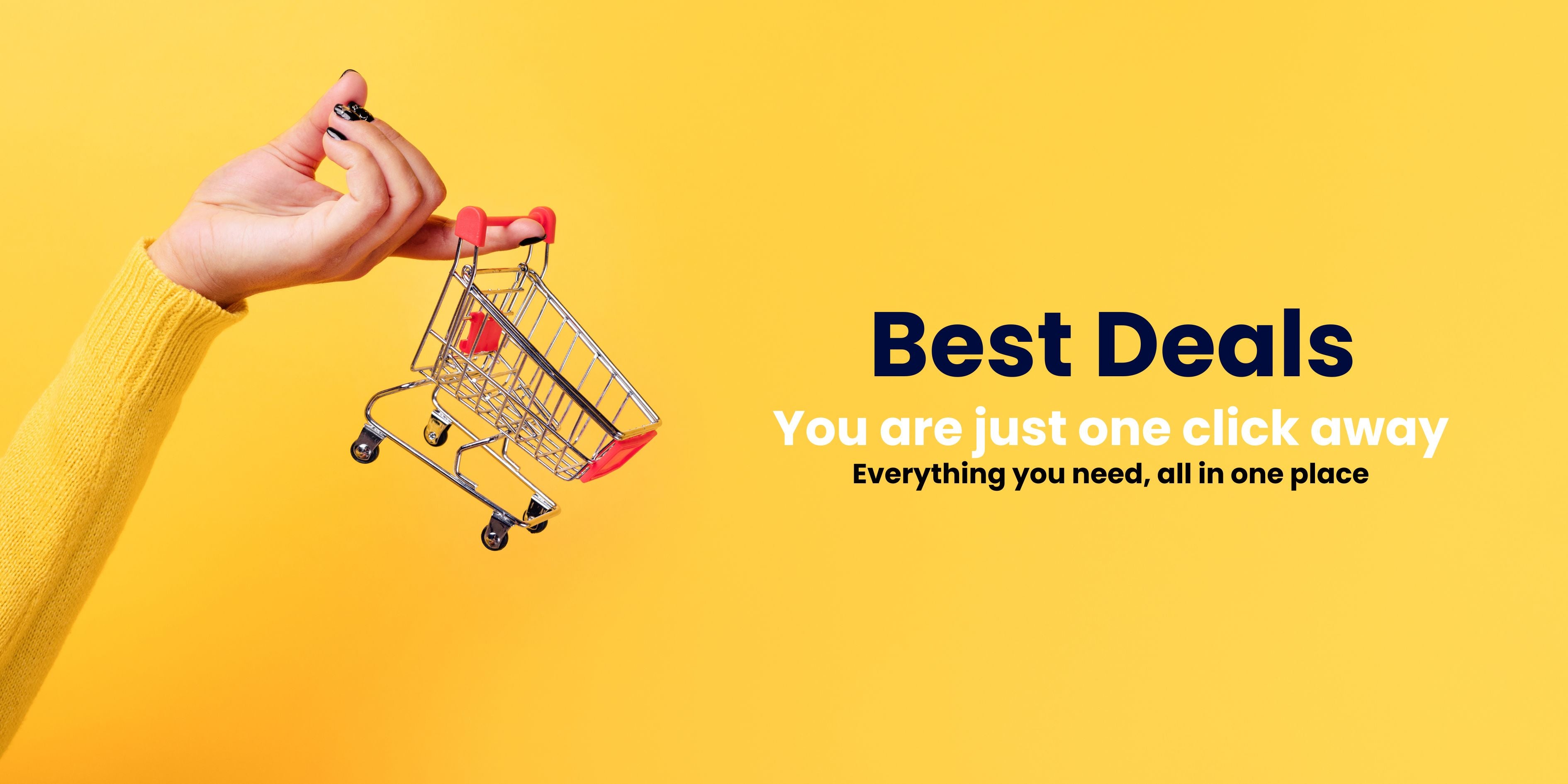 Hand holding a shopping cart on a bright yellow background promoting best deals and convenience for shoppers.
